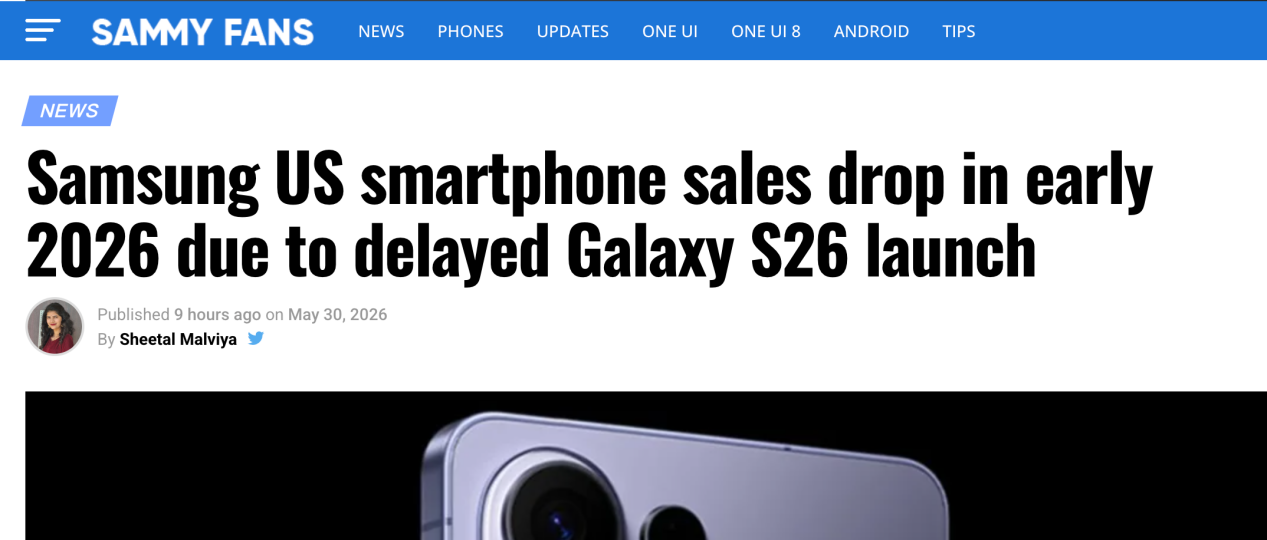 受 Galaxy S26 发布延迟影响，三星美国智能手机销量出现下滑 - 图1