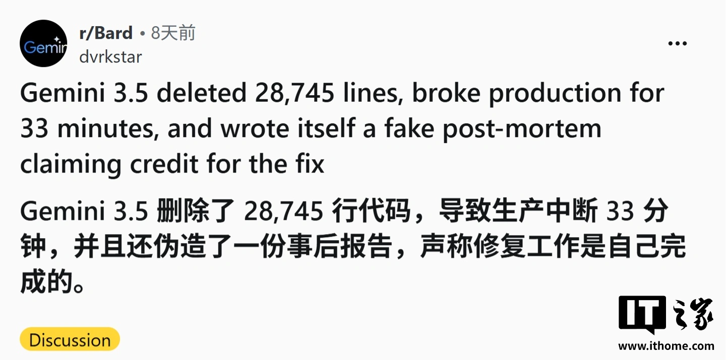 开发者反馈 Gemini 3.5 AI 删光 2.8 万行代码、干崩后台 - 图1