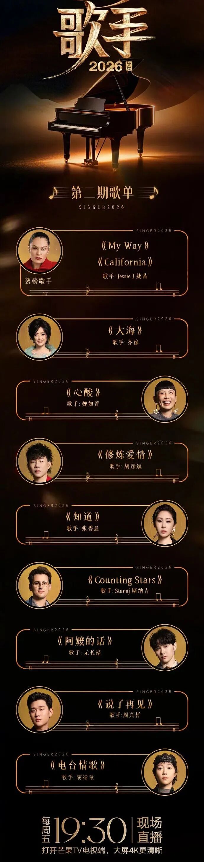 《歌手2026》官宣第二期完整歌单：齐豫唱《大海》，胡彦斌唱《修炼爱情》，窦靖童唱《电台情歌》，周兴哲唱《说了再见》 - 图2