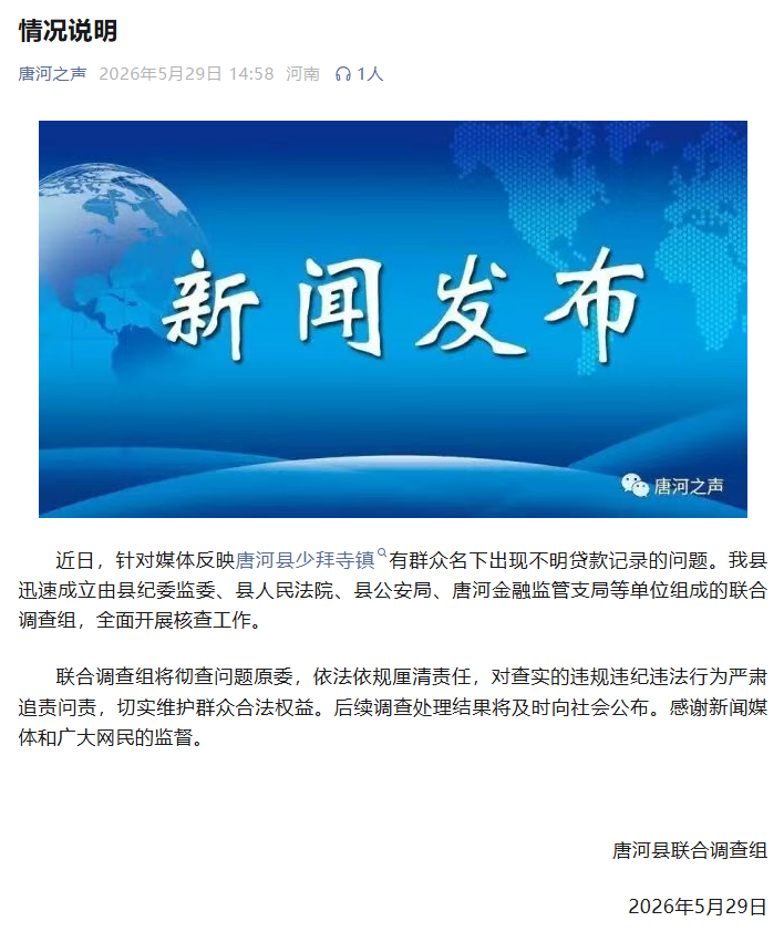 官方通报河南一低保老人“被贷款”20万：成立联合调查组，全面开展核查工作，对查实的违规违纪违法行为严肃追责问责 - 图1
