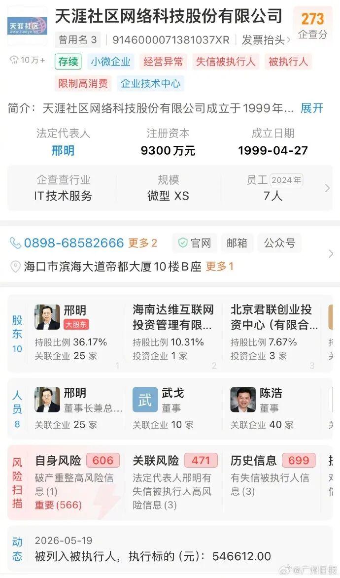 天涯社区法定代表人已成失信被执行人 - 图1