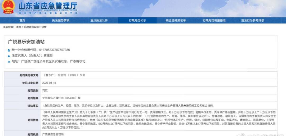 考核不合规！东营市广饶县乐安加油站因安全生产管理问题被罚5.4万元 - 图1
