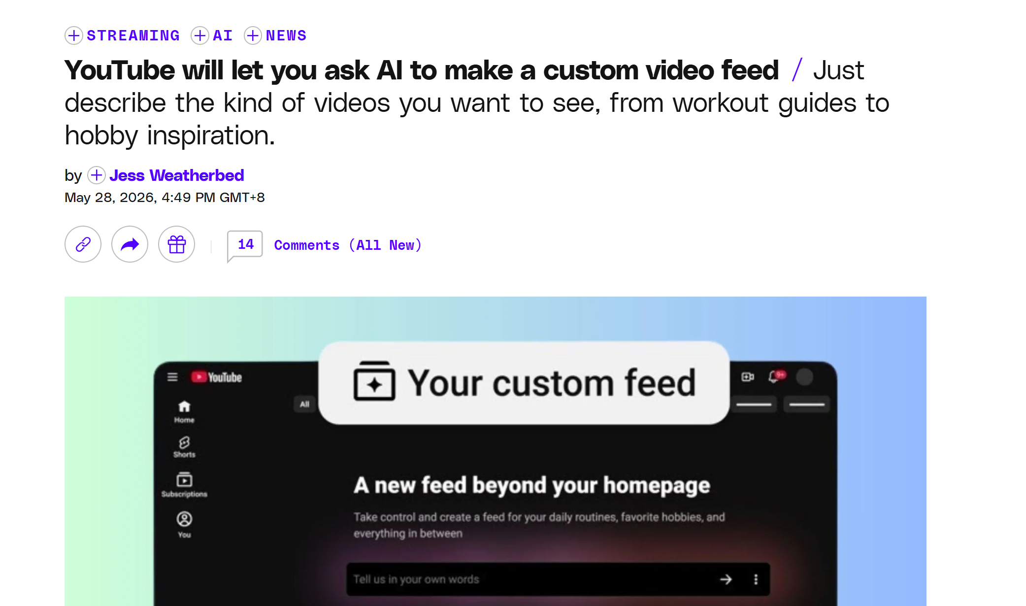 YouTube推出AI个性化首页功能，按需生成定制视频信息流 - 图1