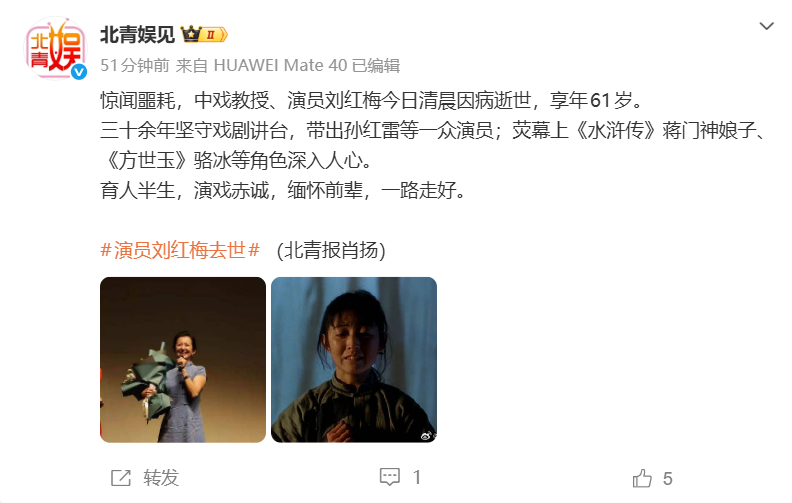 曾出演《水浒传》！孙红雷老师、演员刘红梅今日清晨逝世 - 图1