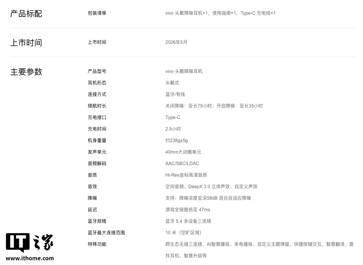 vivo 头戴降噪耳机发布：238g 重量、40mm 动圈单元，499 元 - 图4