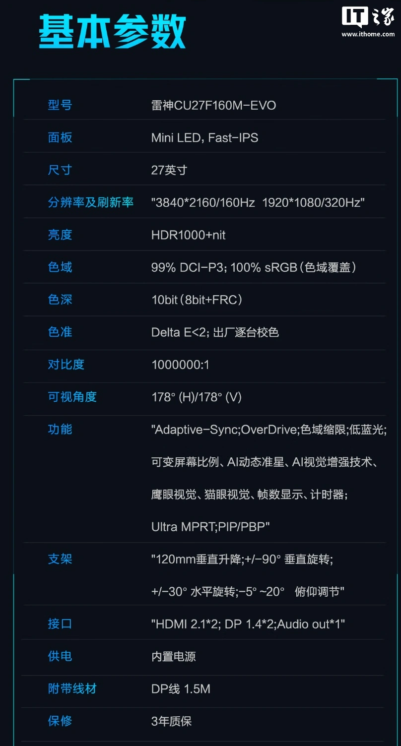 雷神“CU27F160M-EVO”27 英寸显示器发售，2299 元 - 图5