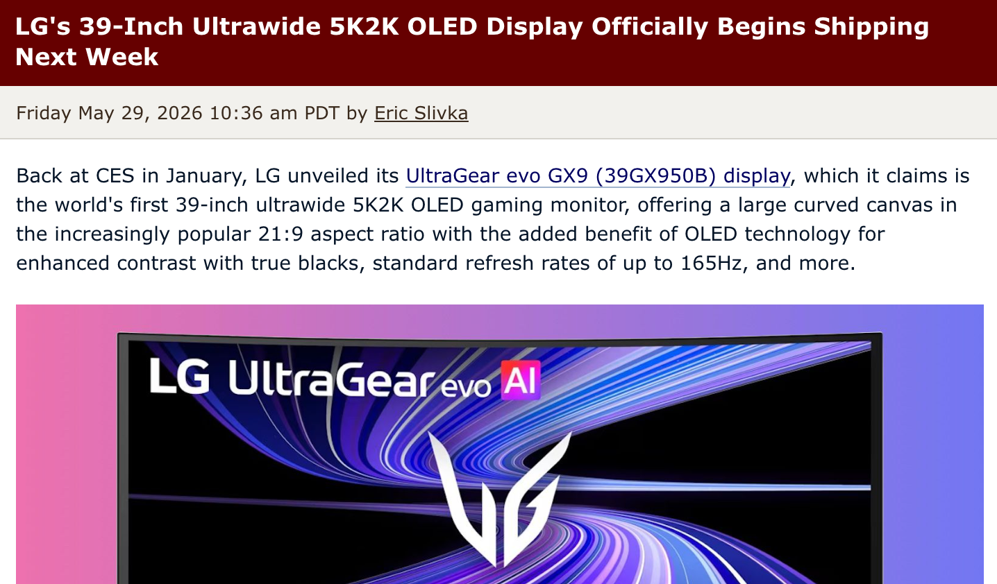 LG首款39英寸5K2K OLED游戏显示器即将正式发货，售价1799.99美元 - 图1